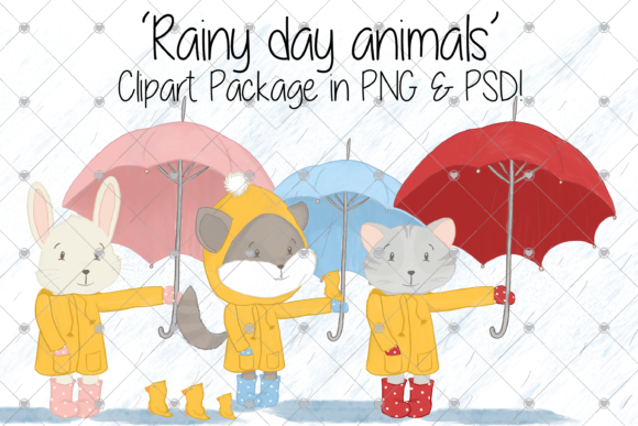Animal, Rain, Cat, Bunny, Racoon, Child: A Whimsical Clipart Collection